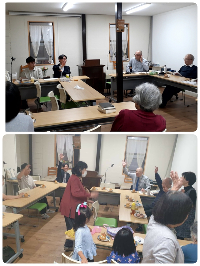 サンディさんの この一枚「合同勉強会(写真上)と韓国のお客様との交わりのひと時(写真下)」